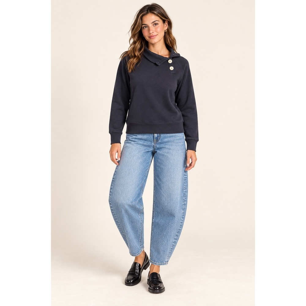 J.Crew Womens XXS Black Asymmetrical Button Funnel Neck Raglan Sweatshirt G77